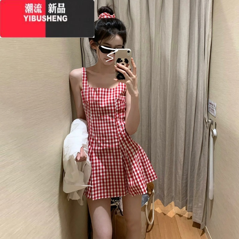 YIBUSHENG红色格子吊带连衣裙子女季2024新款小个子收腰又甜又辣a字新高清大图