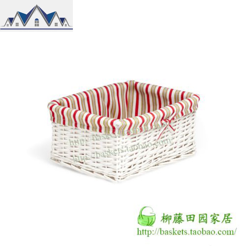粉色收纳筐藤编收纳篮竹编收纳筐柳编收纳盒桌面收纳篮杂物筐 三维工匠 白色条纹布大号：38*28*18CM