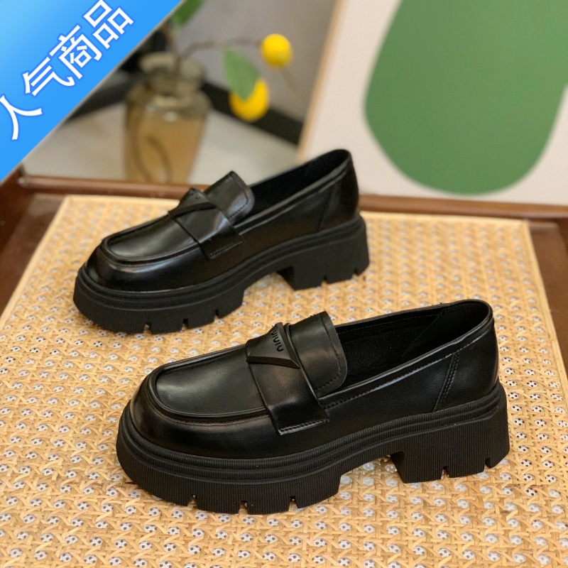 SUNTEK厚底乐福鞋女鞋2023新款春秋季英伦风黑色松糕jk单鞋一脚蹬小皮鞋高清大图