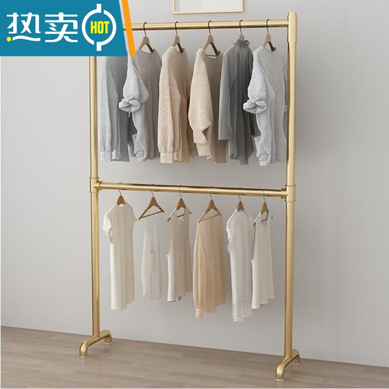 敬平晾衣架落地双层升降杆出租屋两层挂架家用床边阳台晾晒衣帽架子 加粗金色双层 长100高160晾衣杆高清大图