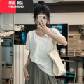 YIBUSHENG美式复古高街正肩V领纯色短袖t恤女新款宽松显瘦半袖体恤上衣领 M 白色