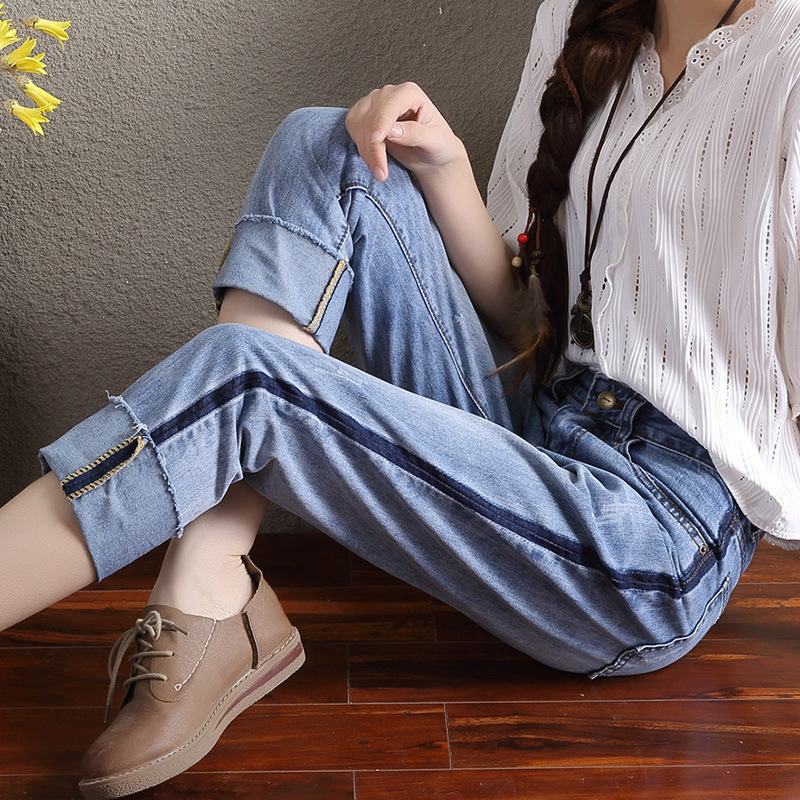 2018春夏新款韩版宽松卷边阔腿牛仔裤女式大码九分休闲裤