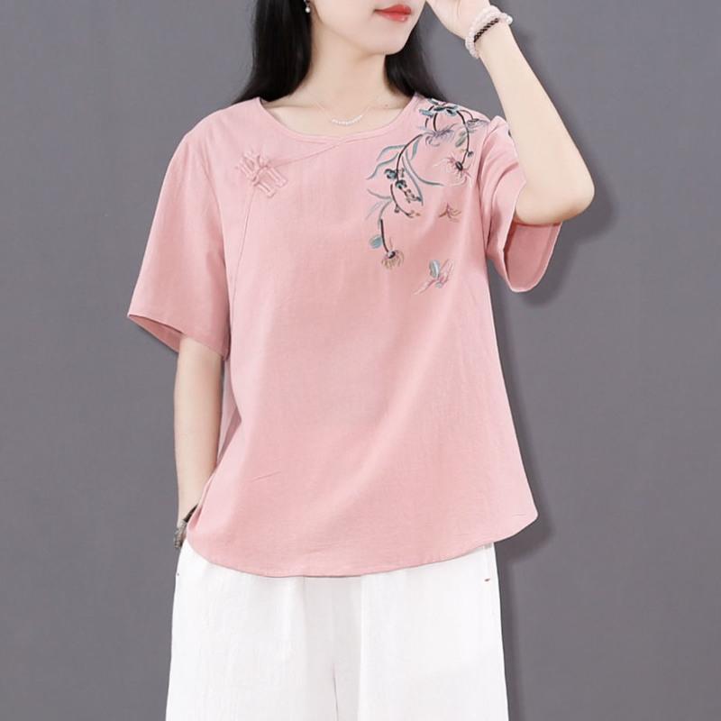文艺复古棉麻t恤衫女宽松中式禅茶服盘扣短款上衣夏季中国风女装 白色 M