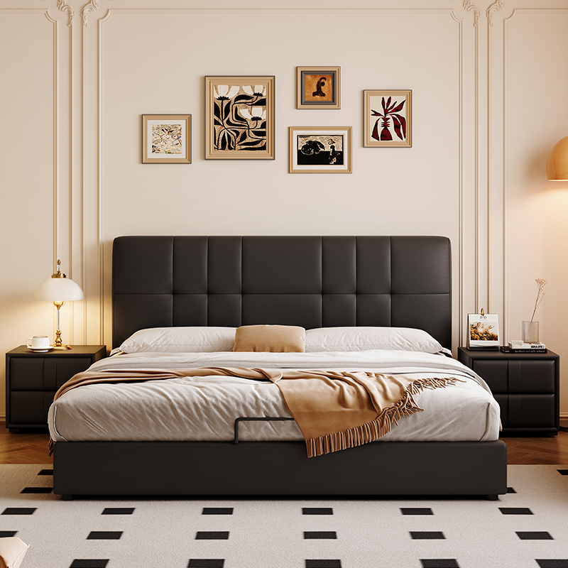 景山百岁 现代简约真皮床 意式双人主卧大床 北欧轻奢网红ins储物软包大床 舒适实用（多色可选 拍下请备注）高清大图