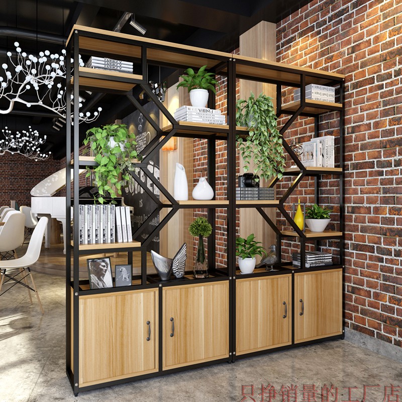 钢木展示架储物柜简约现代隔断墙装饰置物陈列柜餐厅办公室隔断柜高清大图