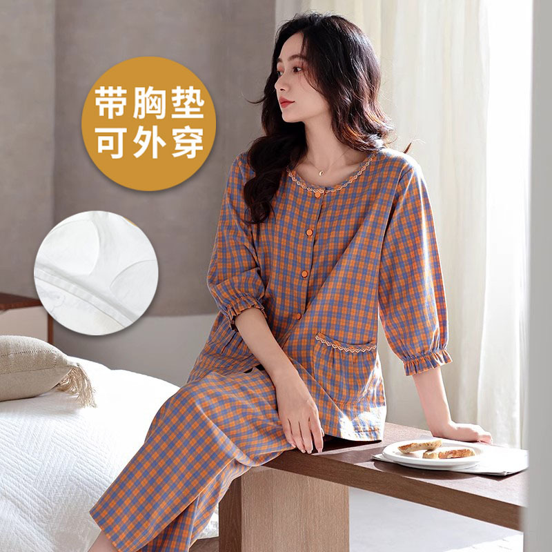 浪莎纯棉带胸垫睡衣女夏季九分袖七分袖九分裤韩式家居服两件套装 带胸垫九分裤套装女ZW-1231 2XL