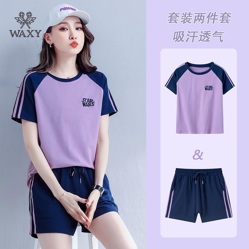 WAXY韩版夏装新款短袖短裤两件套女学生休闲宽松纯棉跑步运动上衣