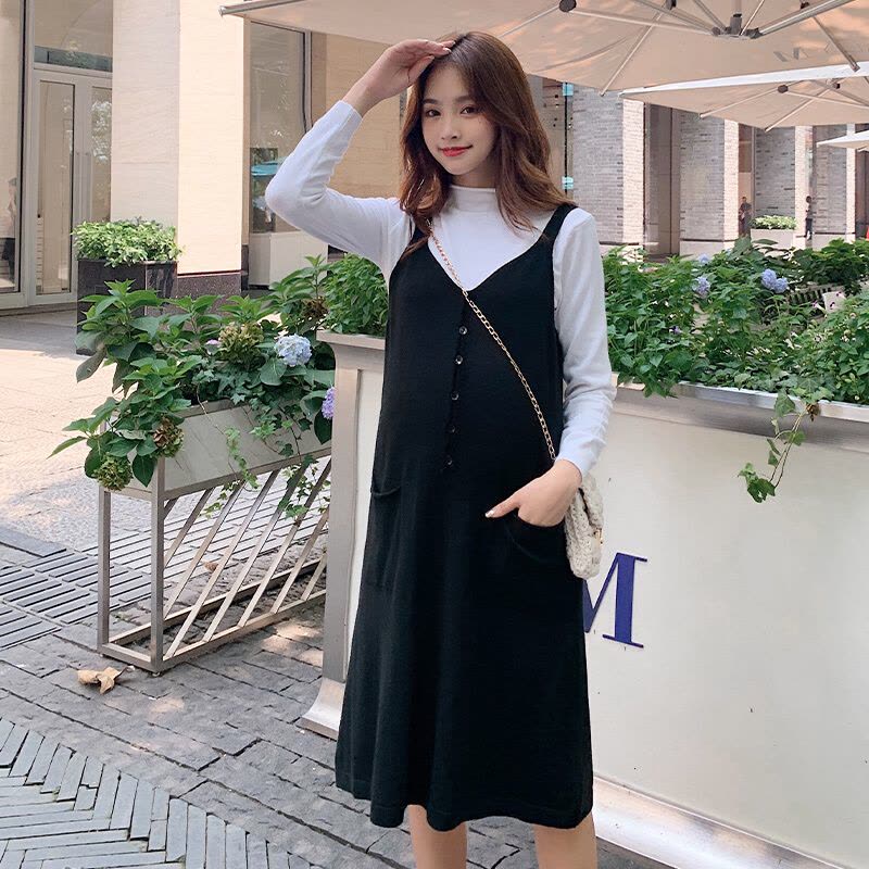 迪鲁奥(DILUAO)孕妇装针织衫孕妇秋季中长款洋气两件套长袖孕妇装秋款套装时尚潮妈 杏色 均码图片