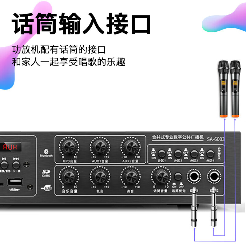 索爱(soaiy)SA-6003 定压定阻功放机广播吸顶喇叭会议吊顶家用店铺背景音乐音响蓝牙四分区独立控制功放机高清大图