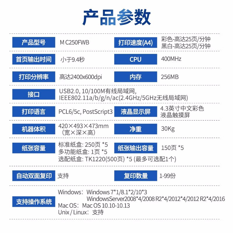 理光(RICOH)M C250FWB A4彩色激光打印机多功能一体机打印复印扫描传真无线WIFI网络商务办公四合一
