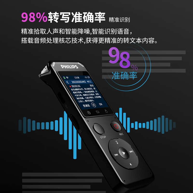 飞利浦VTR6960 32G 专业录音笔商务高清降噪APP实时翻译转换文字便携超长待机学生专用 WIFI款[可触控彩屏+即时分享]高清大图