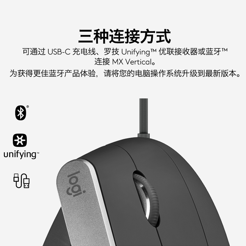 罗技(Logitech)MX Vertical 无线蓝牙鼠标 商务办公鼠标 人体工程学鼠标 垂直鼠标 带无线2.4G接收