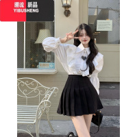 YIBUSHENG荷叶边泡泡袖白衬衫女春秋高级感设计感小众甜美法式长袖上边袖H S 黑色百褶短裙