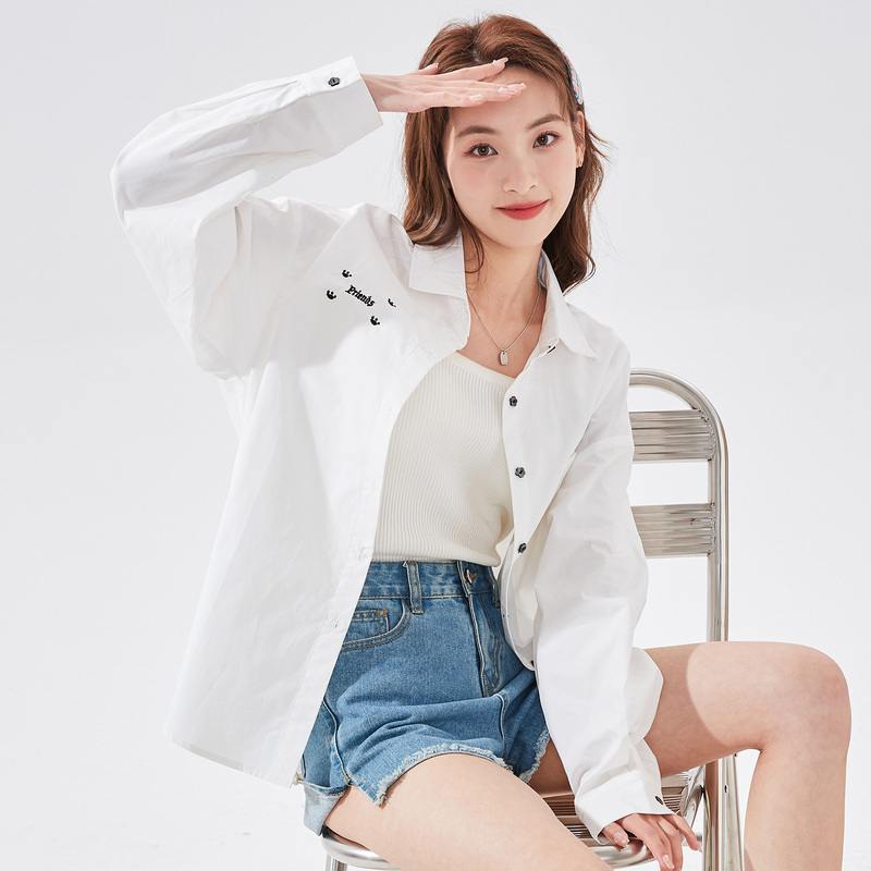 春季长袖衬衫外套女唐狮新款甜酷风白衬衣百搭外穿衬