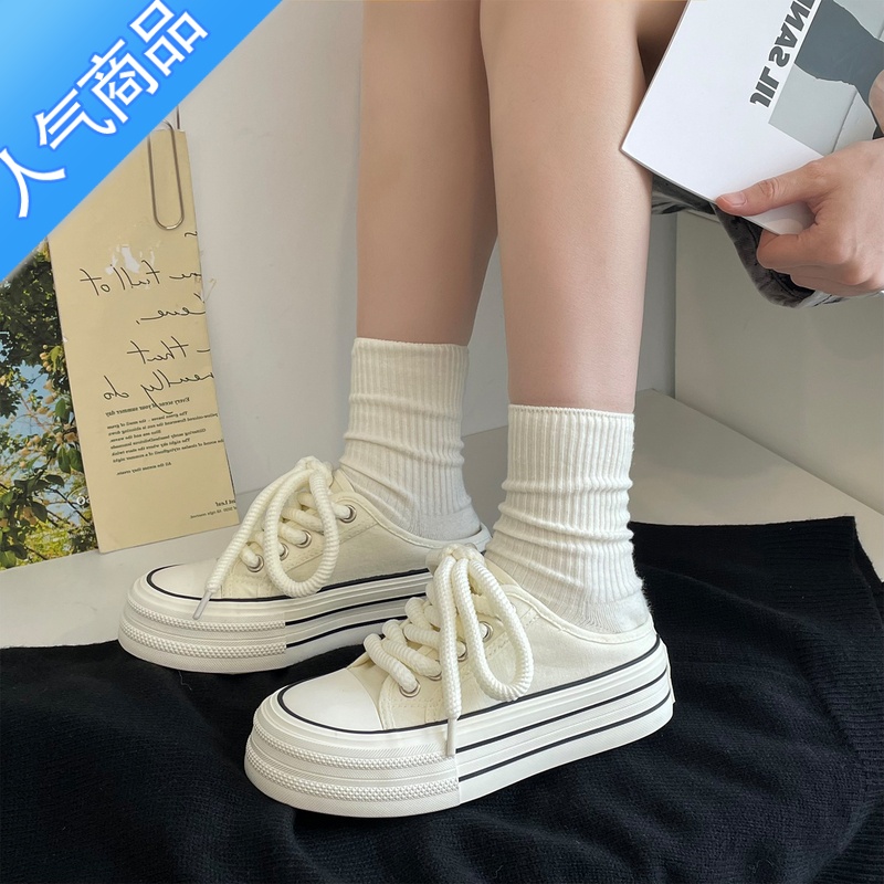 SUNTEK奶白两穿半拖帆布鞋女2023新款夏季小白鞋女百搭小众一脚蹬懒人鞋高清大图