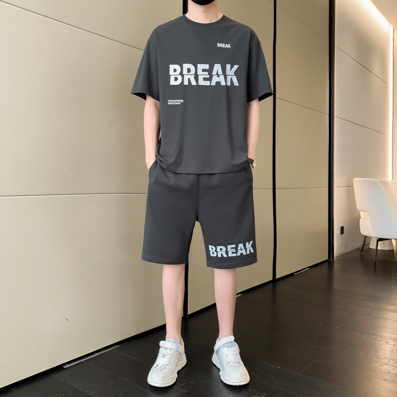 啄木鸟冰丝套装男士夏季薄款运动短袖t恤一套搭配五分休闲短裤男 0852深灰 3XL155-180斤可穿