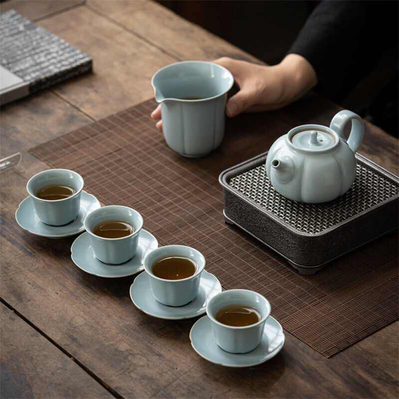 汝山明-瓜棱端把壶茶器套组高清大图