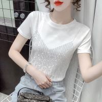 95%棉重工烫钻修身短袖t恤女夏季新款设计感小众百搭圆领气质上衣 白色 纯棉面料不起球 S 建议70-90斤