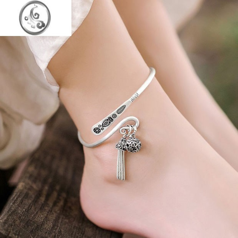 jimi银脚镯女银银古风脚链复古雕刻花纹流苏吊坠开口可调节银镯子脚环