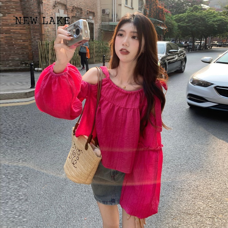 lake玫红色灯笼泡泡袖系带露肩吊带短款衬衫女夏季设计感小众衬衣上衣