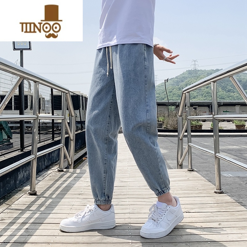 YANXU浅色牛仔裤男士2023夏季薄款潮牌宽松束脚直筒裤子韩版潮流九分裤高清大图