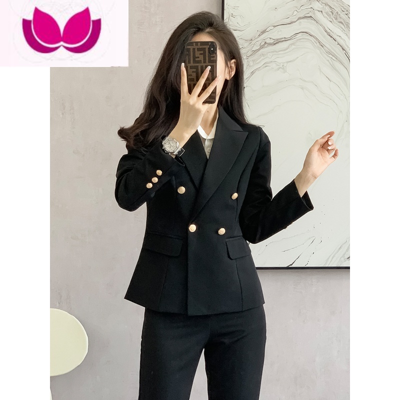 七斓西装套装女2023新款韩版收腰百搭黑色职业显瘦小西服西裤 黑色套装 S80-92