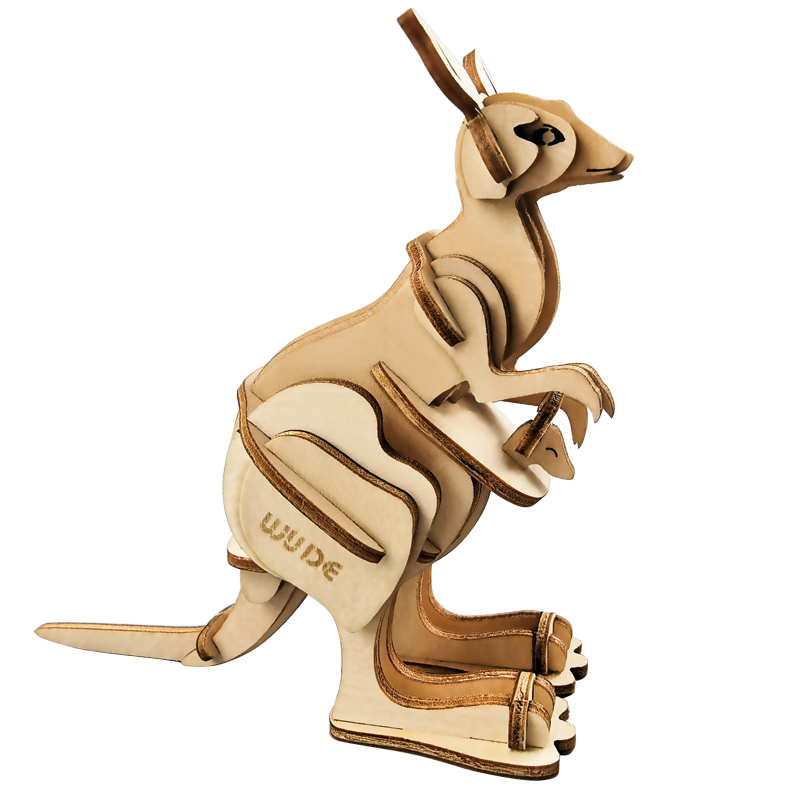 wude袋鼠动物木制立体3d拼图木质diy积木玩具儿童手工拼装模型组装插