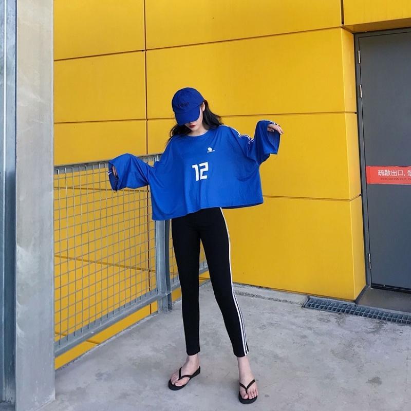 社会女衣服套装秋2018新款嘻哈少女防晒T恤+高腰条纹九分铅笔裤女