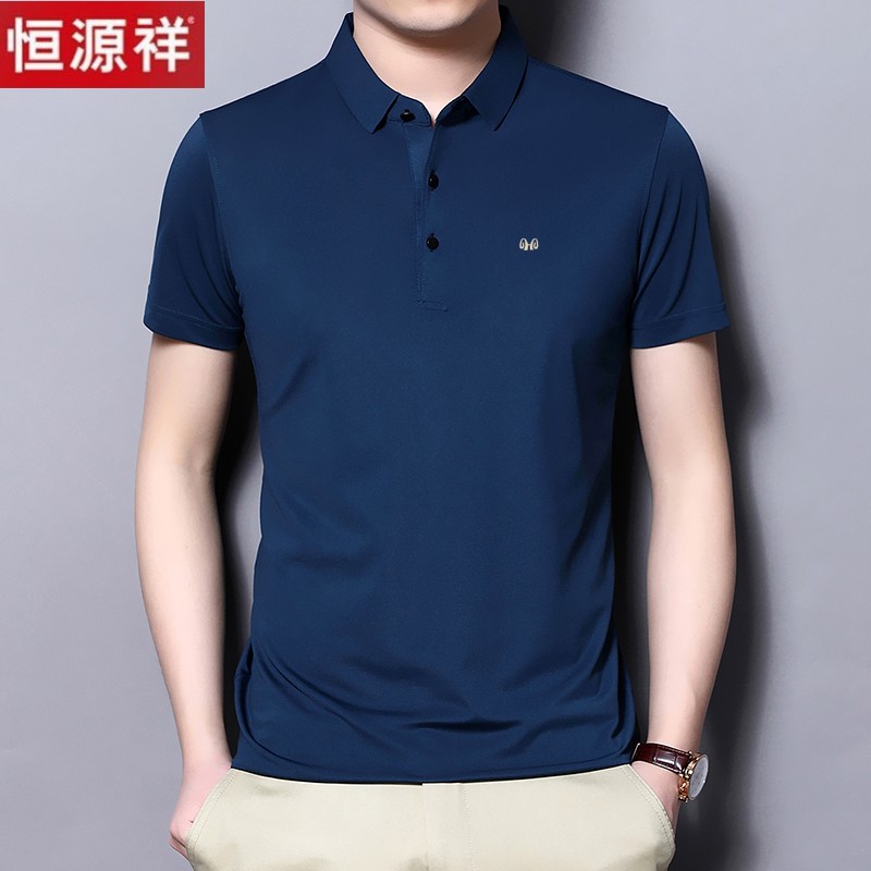 恒源祥夏季中年男士短袖T恤翻领丝光棉POLO衫宽松半袖冰丝男上衣高清大图