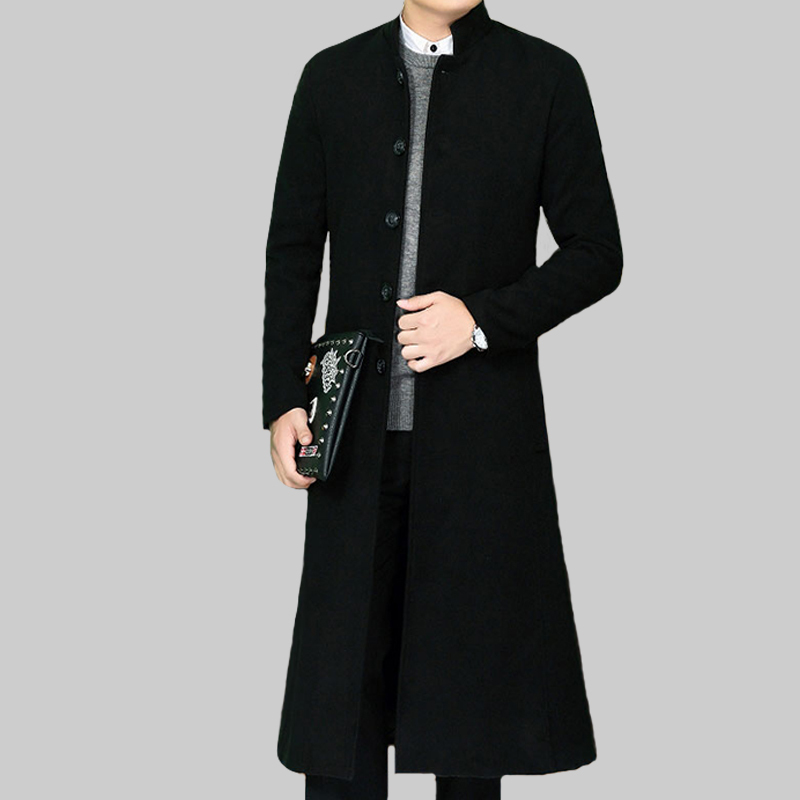 baluoshang风衣男中长款过膝毛呢大衣男装青年韩版修身长款冬季加厚