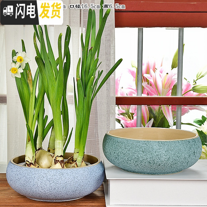 三维工匠陶瓷大号家用室内无孔铜钱一叶莲碗莲盆多肉大口径水培 沫雨花盆2件套(无孔水培) 中等花盆容器