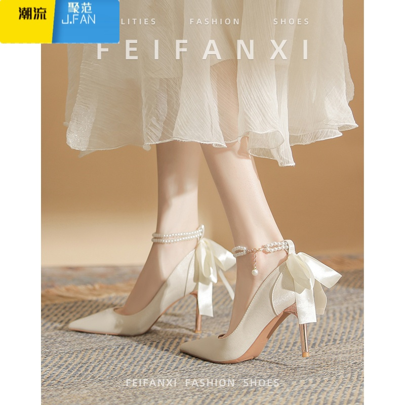 聚范菲梵希法式白色婚鞋新娘鞋气质珍珠脚环高跟鞋女单鞋礼服鞋伴娘鞋