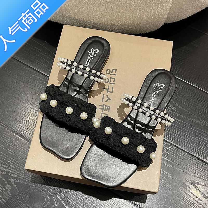 SUNTEK小香风拖鞋女夏外穿2023年新款珍珠平底低跟两穿超火仙女法式凉鞋高清大图