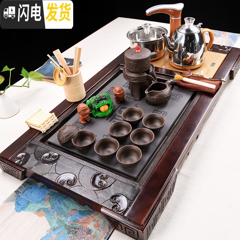 三维工匠功夫茶具套装家用紫砂简约整套茶杯实木茶盘泡茶台茶道全自动 福螺瓷板玻璃全自动 32件高清大图