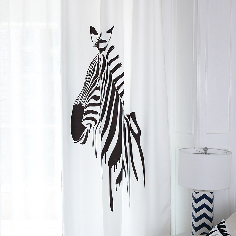 北欧风ins黑白斑马条纹窗帘半遮光客厅遮阳个性创意印花窗帘艺术高清大图