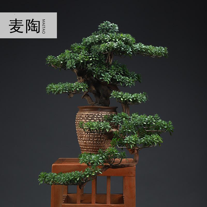 美帮汇复古仿真迎客松盆景家居摆件客厅玄关软装绿植样板间陶瓷摆件高清大图