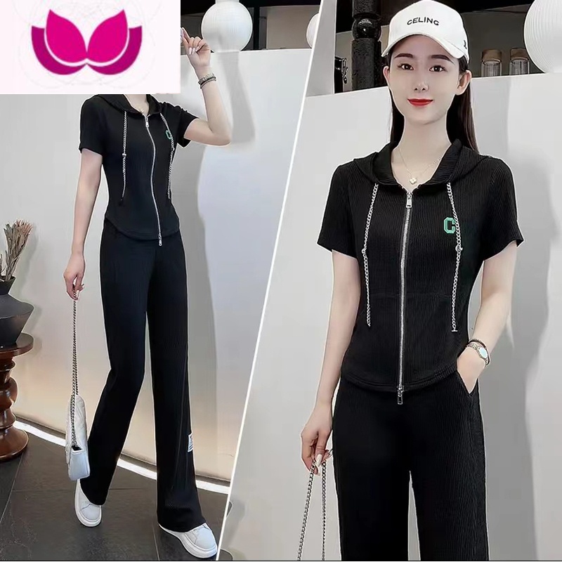 七斓气质休闲时尚套装女装显瘦2023新款夏季时髦洋气运动服夏装套 黑色 (建议100-110斤)