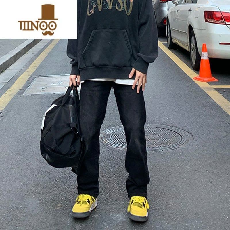 YANXU美式复古高街黑色牛仔裤男秋季新款嘻哈潮牌修身显瘦直筒长裤vibe图片