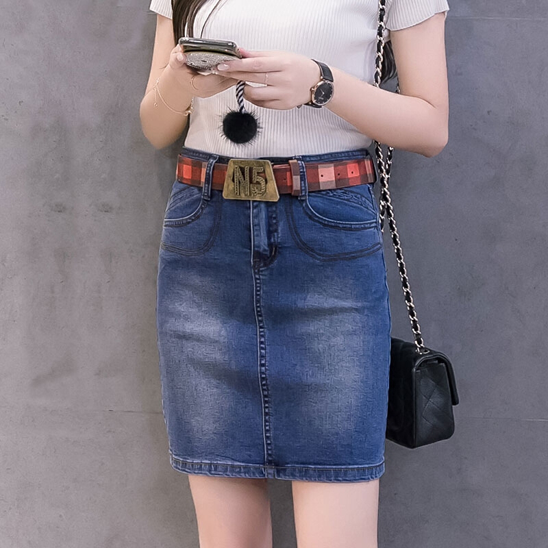 弹力牛仔短裙女夏季2018新款包臀包裙一步裙高腰开叉大码半身裙子深蓝色送腰带