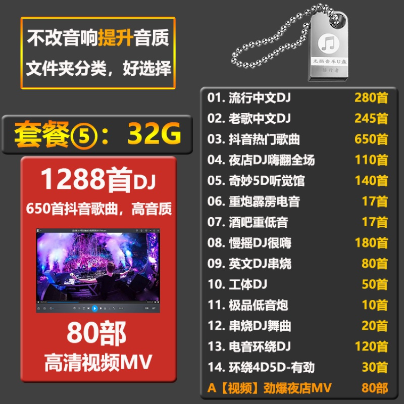 [补贴10%]汽车载U盘带网红抖音歌曲无损高音质车用2020热音乐USB优盘经典怀旧老歌 套餐五:32G2088首(劲爆