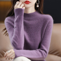 一线成衣半高领镂空半身花女装秋冬新款针织衫宽松毛衣打底衫 M 洋紫色
