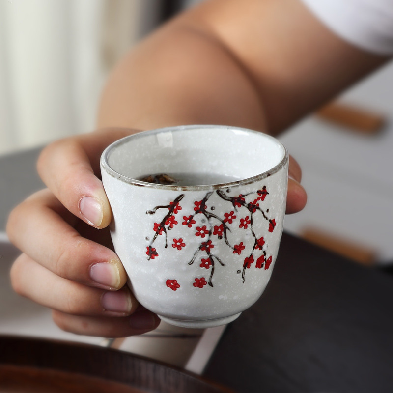 家用日式水杯釉下彩手绘梅花雪点茶杯景德镇陶瓷水杯创意杯子