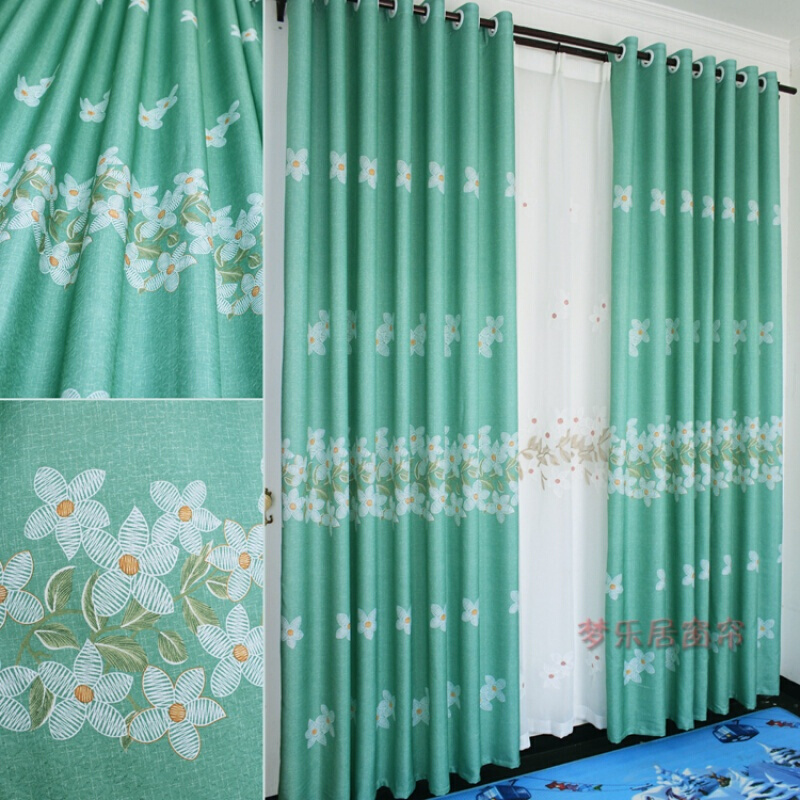 田园窗帘客厅卧室阳台飘窗半遮光成品窗帘绿色布料定制