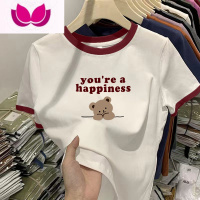 七斓插肩短袖夏季新款拼接撞色t恤女宽松小众设计感洋气上衣ins衣 M99-110斤 酒红色-英文小熊