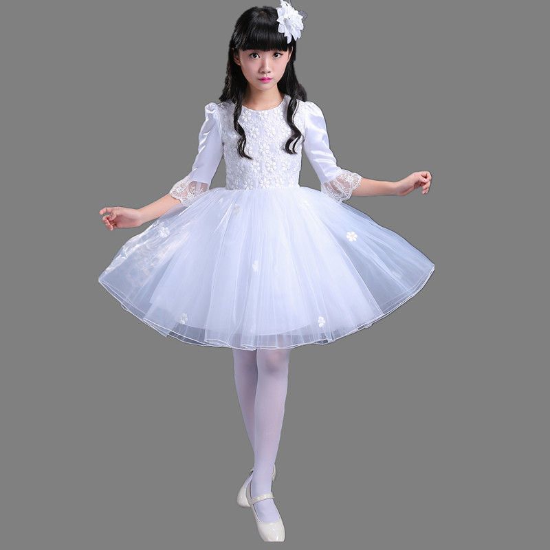 女童公主蓬蓬纱裙元旦演出服儿童白色舞蹈表演服装幼儿园合唱服装 无袖白毯花 100