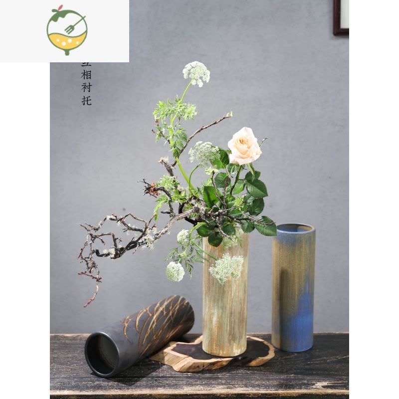 YICHENG陶瓷中式插花日式花道中国传统插花器皿景德镇花器直筒瓶花瓶墨