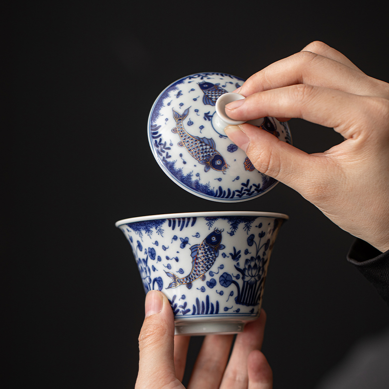 苏氏陶瓷(SUSHI CERAMICS)柴窑青花描金鱼藻纹盖碗旅行便捷茶具非遗大师苏爱珍作品
