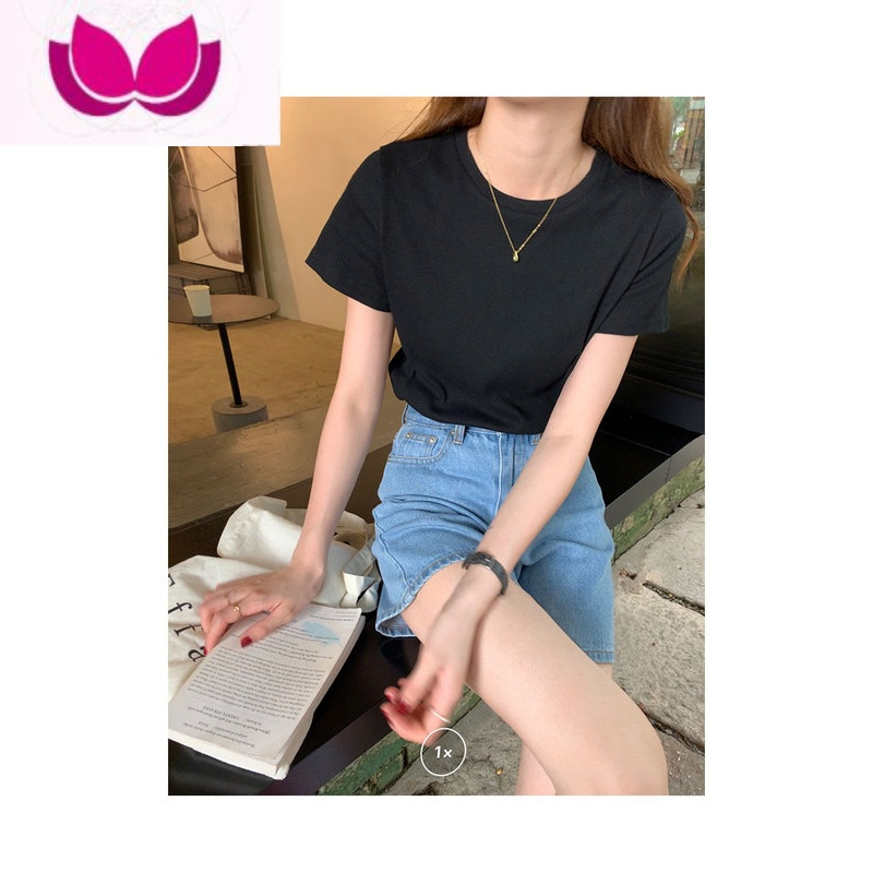 七斓螺纹针织正肩短袖t恤女夏季2023纯色内搭别致显瘦上衣白色打底衫