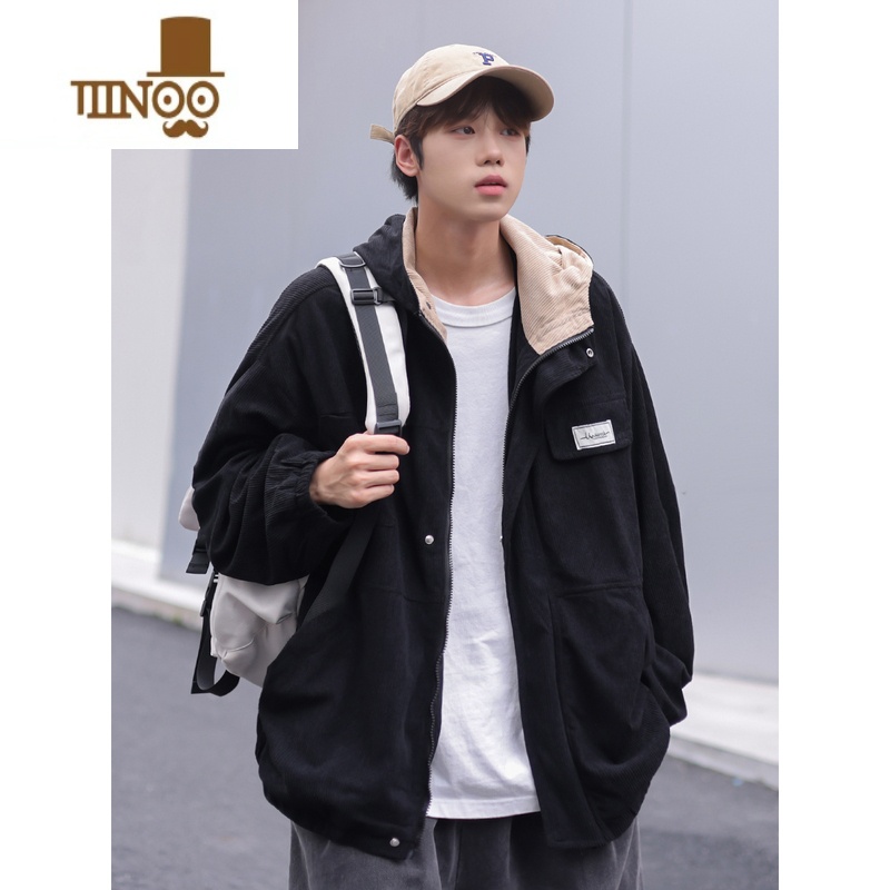 YANXU2023秋季新款工装外套男生款帅气学生灯芯绒连帽夹克高清大图