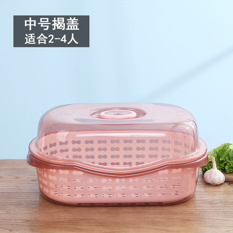 厨房家用带盖碗盆碗碟置物架塑料碗柜装碗筷收纳盒放碗箱沥水碗架 中号粉红色透明底